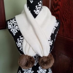 Ivory Scarf w/faux fur pom poms